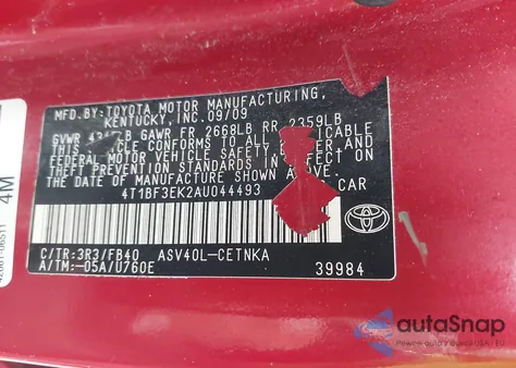 2010 Toyota Camry Le/Se/Xle z USA, uszkodzony, nr VIN 4T1BF3EK2AU044493